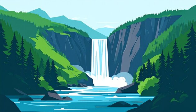 Majestic Waterfall Surrounded by Lush Green Forest and Mountains.