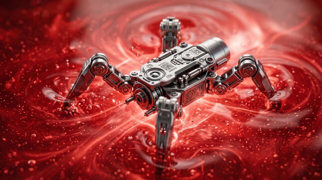 3D render of a futuristic metallic nanobot navigating through a swirling red bloodstream environment