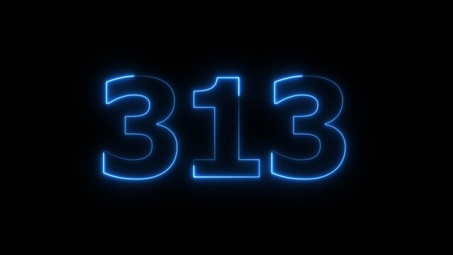 Glowing Blue Neon Number 313 on Black Background.