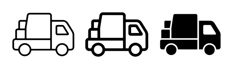 Fototapeta premium Delivery Truck Icons Set, Logistics Vehicle Symbols, Cargo Van Graphics, Shipping Transport Vector Illustrations