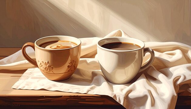 Two coffee cups on wooden table with sunlight.