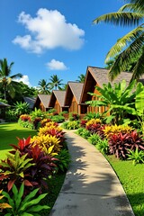 Fototapeta premium Wooden bungalows with pitched roofs line a path through vibrant tropical gardens. Rich green grass and palm trees surround the resort buildings under a bright blue sky with white clouds.