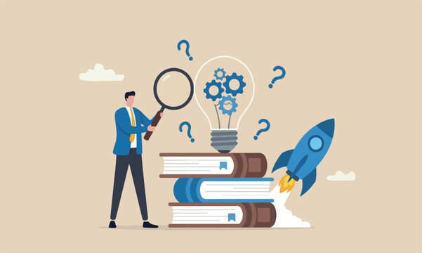 Product development big books process to launch new product, project management or productivity concept, businessman with magnifier with lightbulb idea with cog wheels