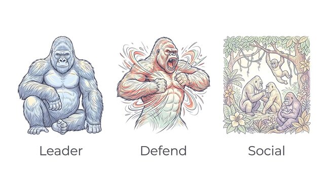 Clean minimal vector line-art infographic icon set featuring a massive silverback gorilla sitting down, a gorilla thumping its chest, and a gorilla troop interacting in a highly detailed jungl...