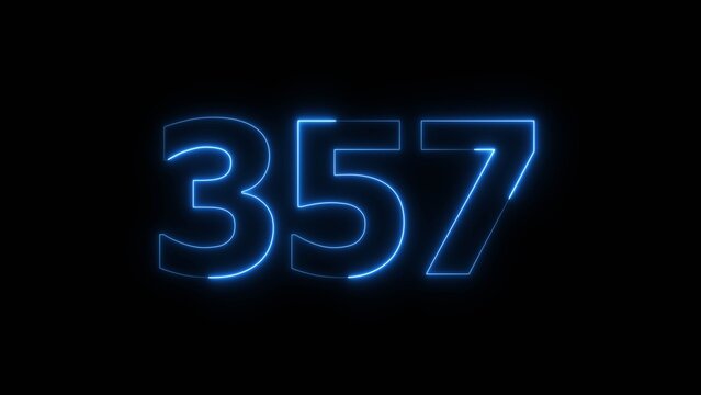 Glowing Blue Neon Number 357 on Black Background.