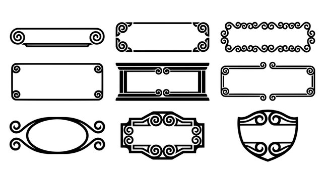 Classical Greek stream assets vector collection with scroll spiral frames, wave border and volute banner set
