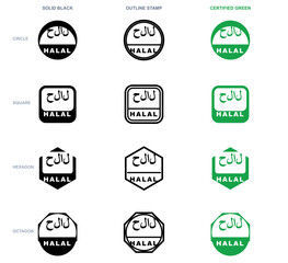 Fototapeta premium Halal certification stamps in multiple shapes and colors. Islamic food compliance badges for packaging and branding design.