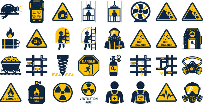 Mining safety icons set, industrial hazard warning symbols, 28 underground coal mine equipment and worker signs