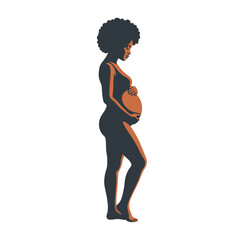 Pregnant black woman silhouette with afro hair, expectant mother holding belly vector illustration, maternity and prenatal care concept isolated on White Background silhouette
