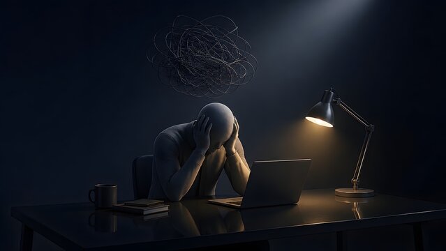 Overwhelmed by work pressure and tangled thoughts, an abstract figure sits stressed at a dark desk with a laptop, symbolizing mental burnout and confusion.