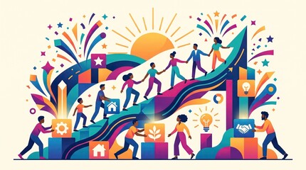 Fototapeta premium Diverse group of people climbing colorful abstract staircase toward rising sun with vibrant fireworks and icons, business growth concept, community development, teamwork success.