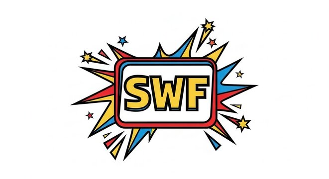 Explosion of words SWF, comic book style, vibrant colors