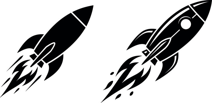 Two black and white rocket illustrations for festive fireworks display celebrations during the diwali day holiday event