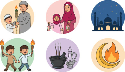 Fototapeta premium Islamic Ramadan and Eid Celebration Vector Avatar Icon Set Featuring Muslim Family Carrying Torches Lanterns Mosque Crescent Moon and Incense