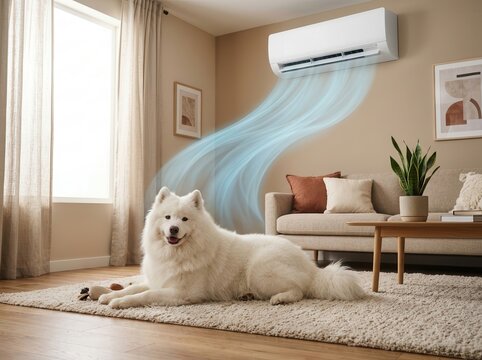 The dog is lying on the floor in the room under the air conditioner