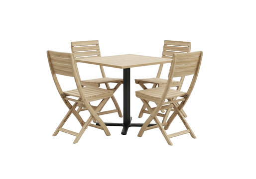 Square wooden dining table with four folding chairs isolated on transparent background