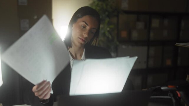 Woman flips and holds paperwork while rubbing her temple over a laptop in a storage office building lit by a desk lamp; late night fatigue.