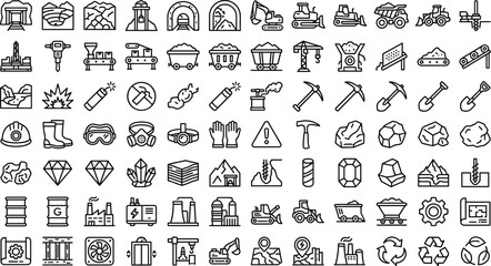 Mining and Heavy Industry Line Icon Set Featuring Mine Shafts, Heavy Machinery, Tools, Explosives, Safety Gear, Ore Minerals, and Factory Facilities for Vector Graphic Designs © MD