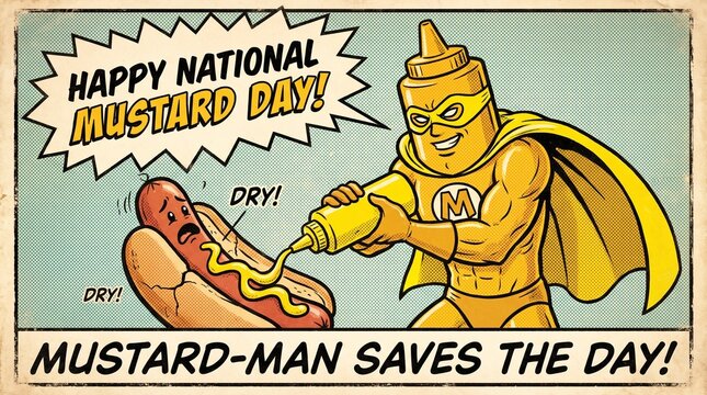 Vintage comic book style illustration featuring a mustard superhero saving a dry hot dog for National Mustard Day.