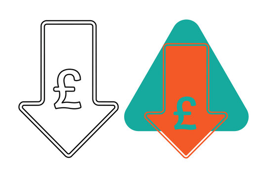 Two graphic representations of a falling pound sterling symbol indicating financial decline