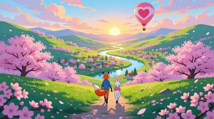 Fototapeta premium Fox and rabbit walk path in blooming valley near river. Hot air balloon floats above quaint village. Spring sunrise paints sky pastel hues. Nature, friendship, travel.