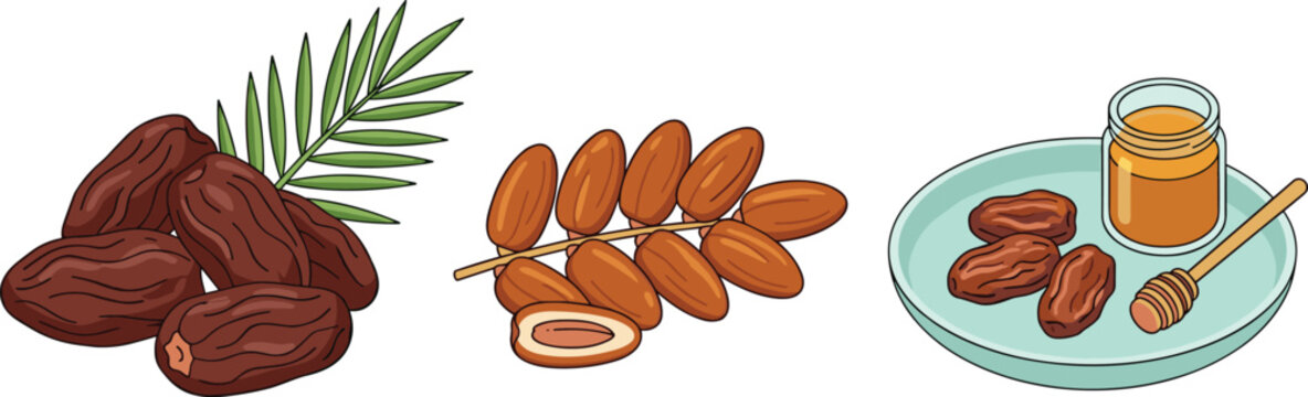 Fresh date palm fruit with honey and leaves vector set