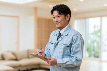 Fototapeta premium 住宅の点検をする笑顔の日本人男性が作業服姿でチェックリストを確認