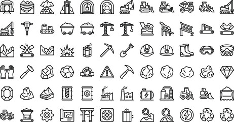 Mining and Heavy Industry Line Icon Set Featuring Mine Shafts, Heavy Vehicles, Mining Carts, Tools, Safety Equipment, Ore Minerals, and Factory Plants for Vector Graphic Designs © MD