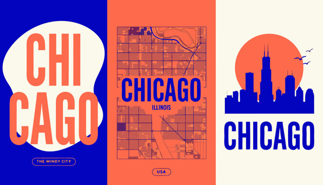 Chicago city travel poster with skyline and map design. Vintage style Illinois urban illustration for tourism and marketing campaigns.