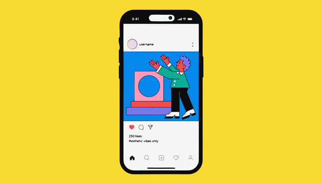 Social media influencer waving on smartphone screen mockup. Flat design vector illustration of mobile app interface with cheerful character and eng...