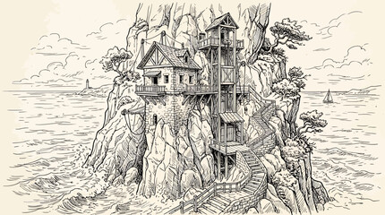 Hand Drawn detailed illustration of a fantasy coastal fortress built on rocky cliffs by the sea © Crushin