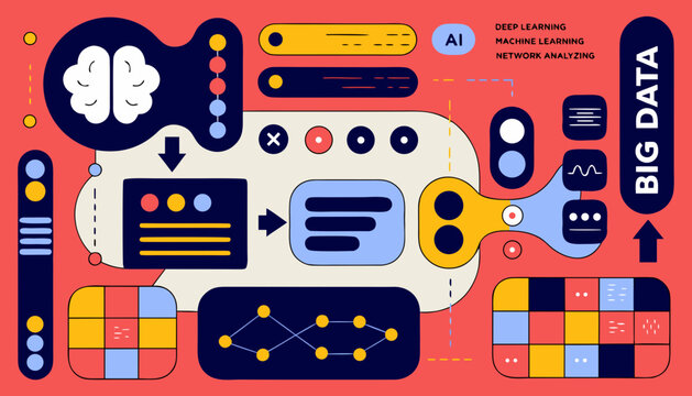 AI deep learning neural network analyzing big data visualization. Machine learning technology processing information streams with brain and digital...
