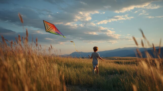 child in grassy field flying colorful kite, soft shadows, natural daylight, clean and minimal environment, 8k realistic