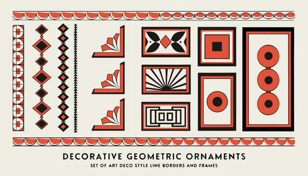 Art Deco geometric ornaments set with line borders and frames. Vintage decorative vector patterns for luxury branding and elegant design projects.