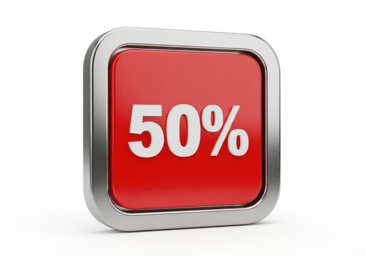 Red square button with metallic silver frame and white 50 percent text isolated on white for e-commerce sales icon