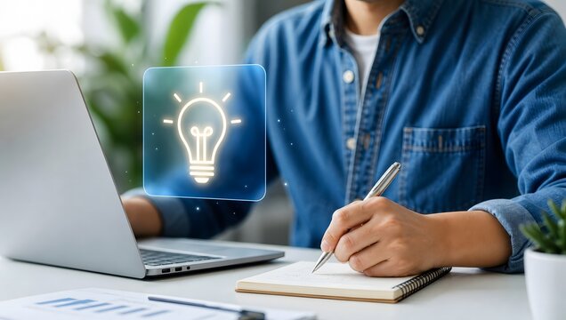 Creative worker taking notes while looking at light bulb idea icon on laptop screen.