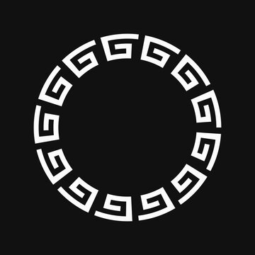 Classic circular white Greek key frame on black background. Minimalist meander border element for vintage logos, coins, and round emblems