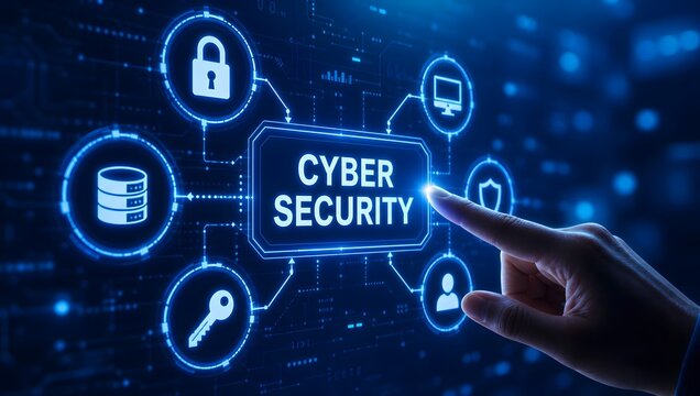 Cyber security digital interface with icons and human hand pointing at screen.