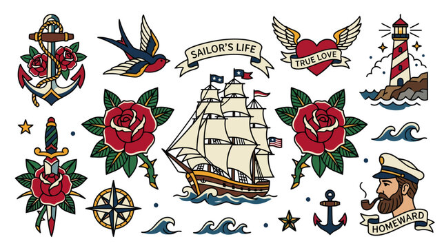 Nautical tattoo flash collection: ship, lighthouse, roses, anchor, compass, sailor