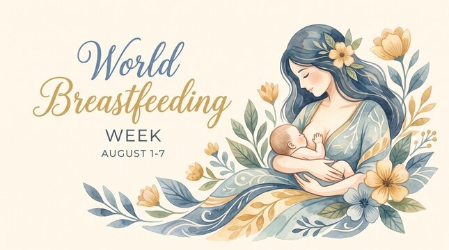 Watercolor illustration celebrating World Breastfeeding Week with a mother nursing her newborn baby surrounded by flowers.