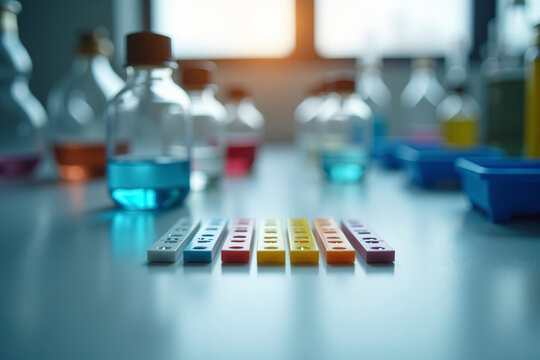 Close-up of colorful chemical testing strips on laboratory table with glass bottles filled with various brightly colored liquids in background