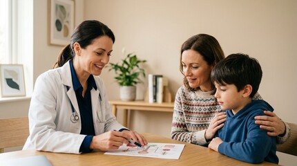 Fototapeta premium Next Steps Explanation during a Family Consultation with a Physician Pointing to a Printed Diagram