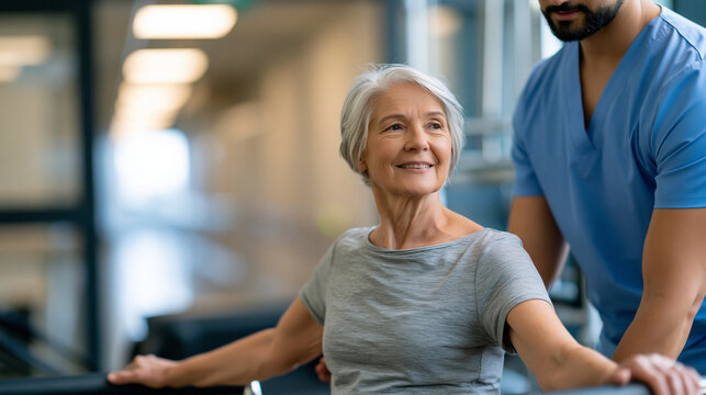 Faceless physical therapist guiding an elderly woman through spinal flexion exercises on a reformer machine in a clinical setting, hospital corridor visible through a glass