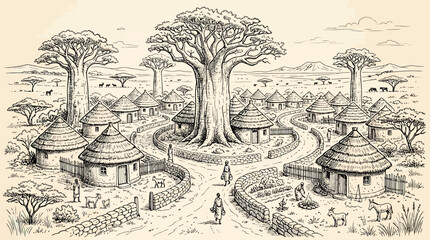 Obraz premium Hand Drawn illustration of a traditional African village nestled among majestic baobab trees in the savanna