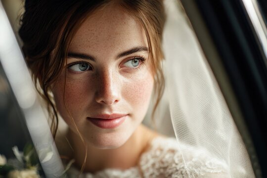 Young bride looking out car window