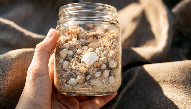 Hand holding a glass jar filled with sand and various seashells.