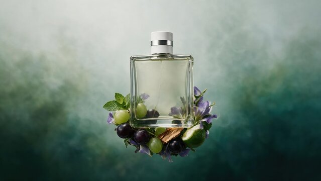 Clear perfume bottle mockup floating with grapes and mint on green background