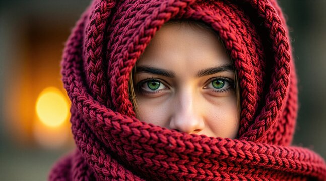 Young woman with green eyes wears thick red knitted scarf around head. Closeup portrait of female face wrapped in soft warm winter wool accessory. Person stares into camera lens during cold weather