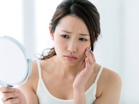 肌の状態に不安を抱き鏡を覗き込む若い女性