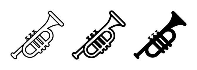 Obraz premium Trumpet Icons, Brass Instrument Symbols, Musical Notes Vector Graphics, Jazz Music Performance Art, Orchestra Sound Equipment